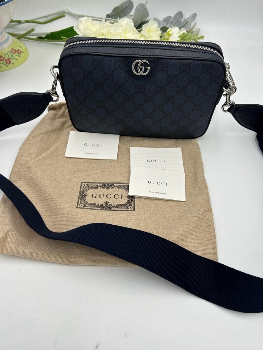 Unisex Gucci, blue/black Ophedia GG print Crossbody bag made in Italy